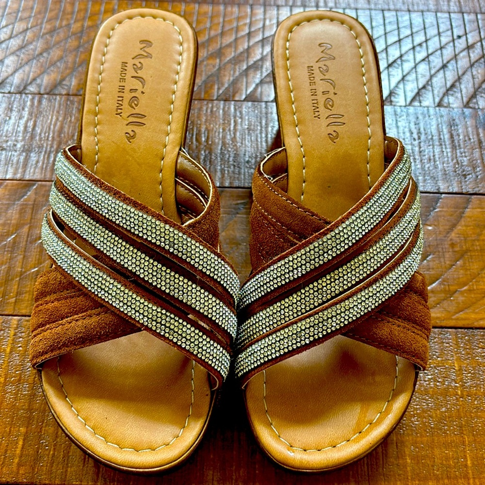 Mariella Tan and silver Embellished Sandals.  Bling on a Mariella sandal rare.